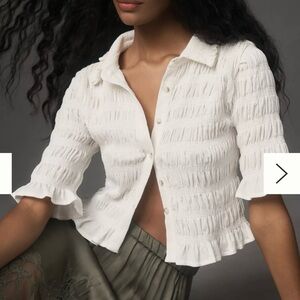 Anthropologie Maeve White Smocked Button Top